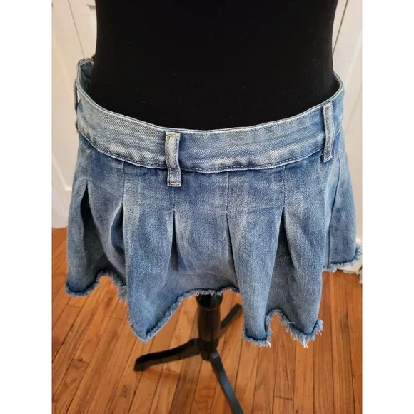 Denim Pleated Micro Mini Frayed Hem Low Rise L Shein Y2K Preppy Back to School - Picture 2 of 5